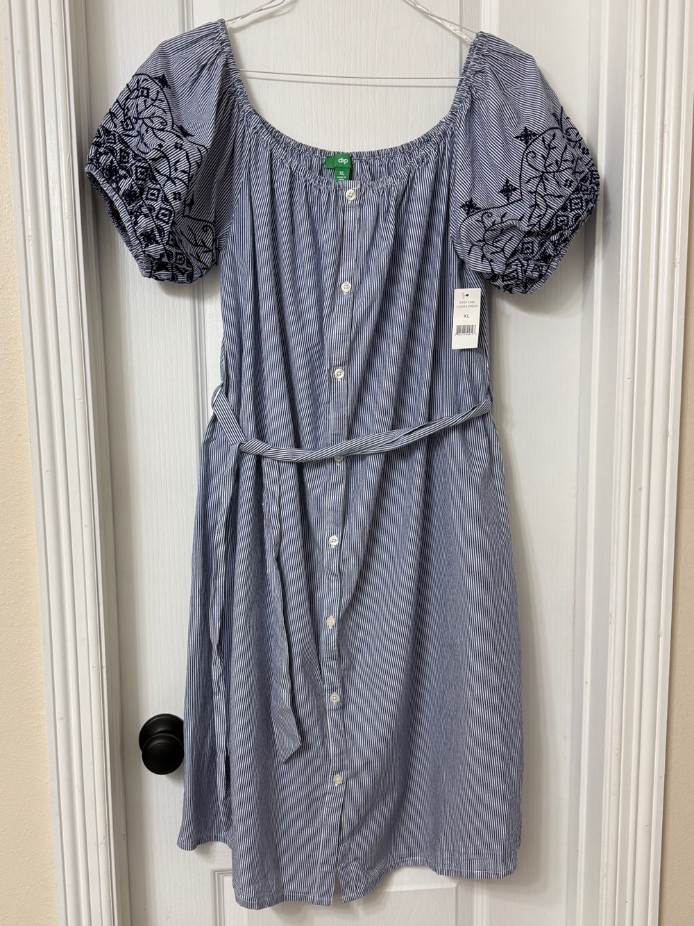 Dip blue white striped off the shoulder midi dress button up 100% cotton XL